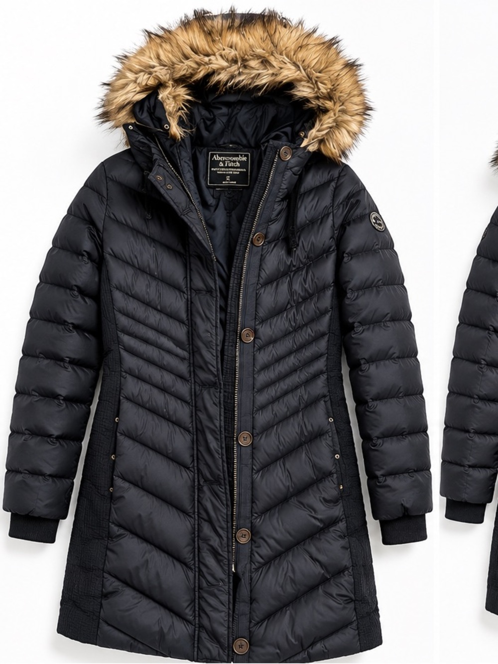 Abercrombie & Fitch Black Hooded Puffer Coat with Faux Fur Trim